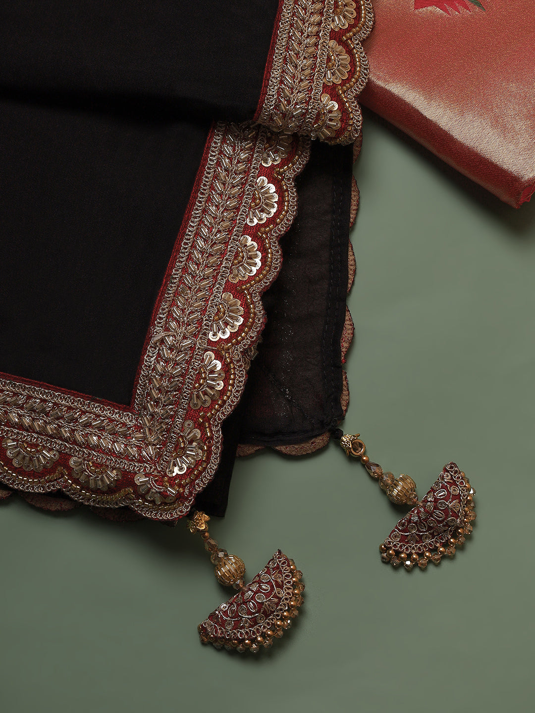 Black Georgette Saree with Embroidered Scallop Border & Tassels