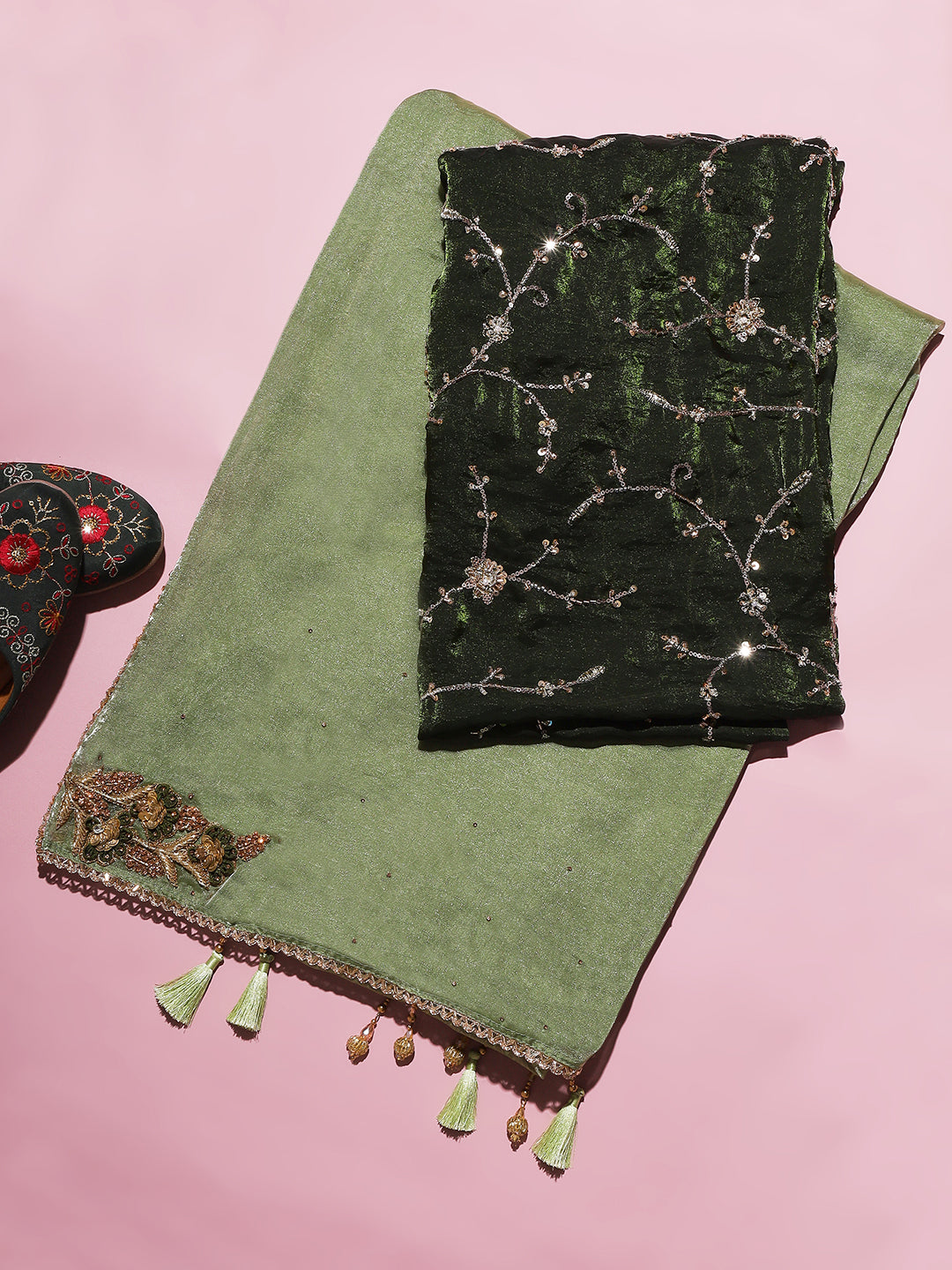 Dual Green Embroidered Saree with Tassel Detailing
