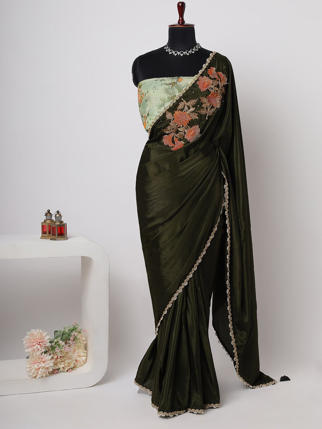 Olive Green Silk Saree with Embroidered Floral Blouse & Golden Border