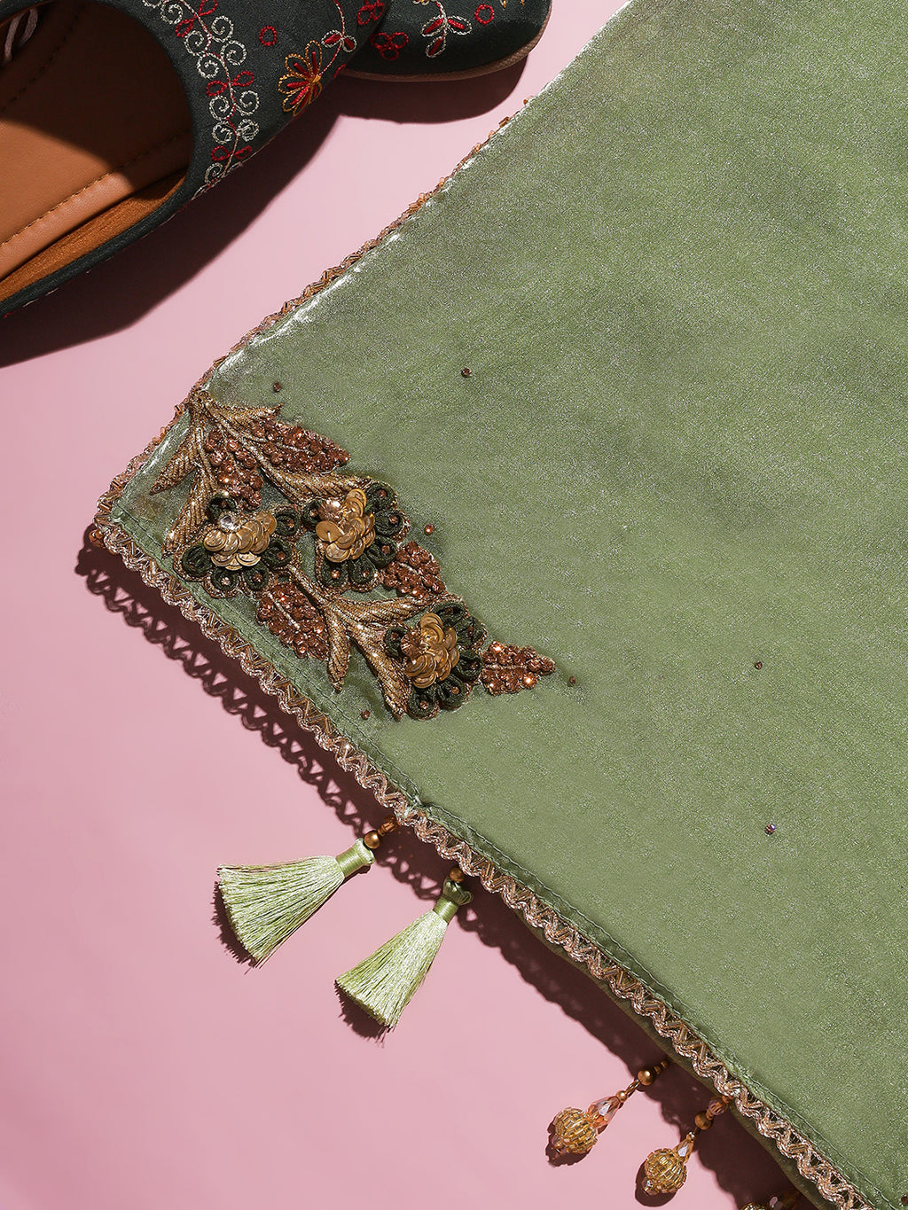 Dual Green Embroidered Saree with Tassel Detailing