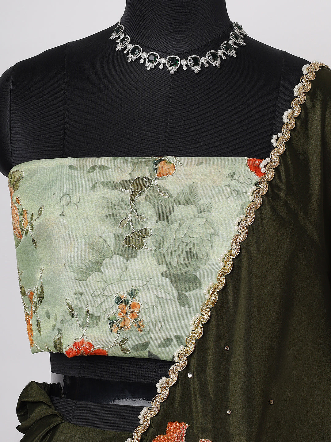 Olive Green Silk Saree with Embroidered Floral Blouse & Golden Border