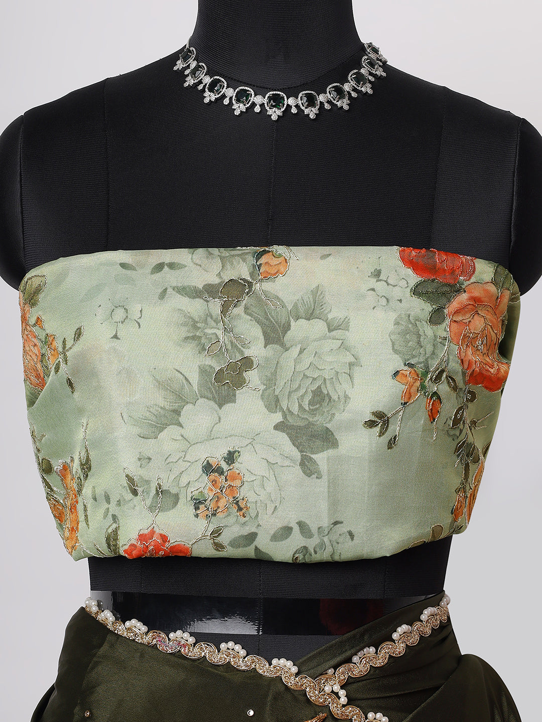 Olive Green Silk Saree with Embroidered Floral Blouse & Golden Border