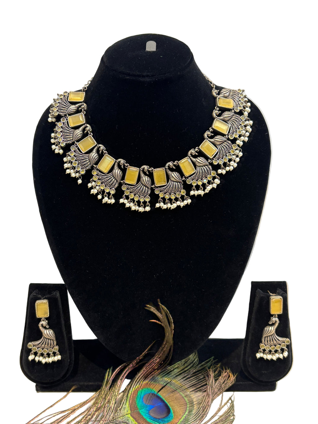 Name: Antique Peacock Motif Necklace Set German silver with golden mirror stones and pearl bead detailing