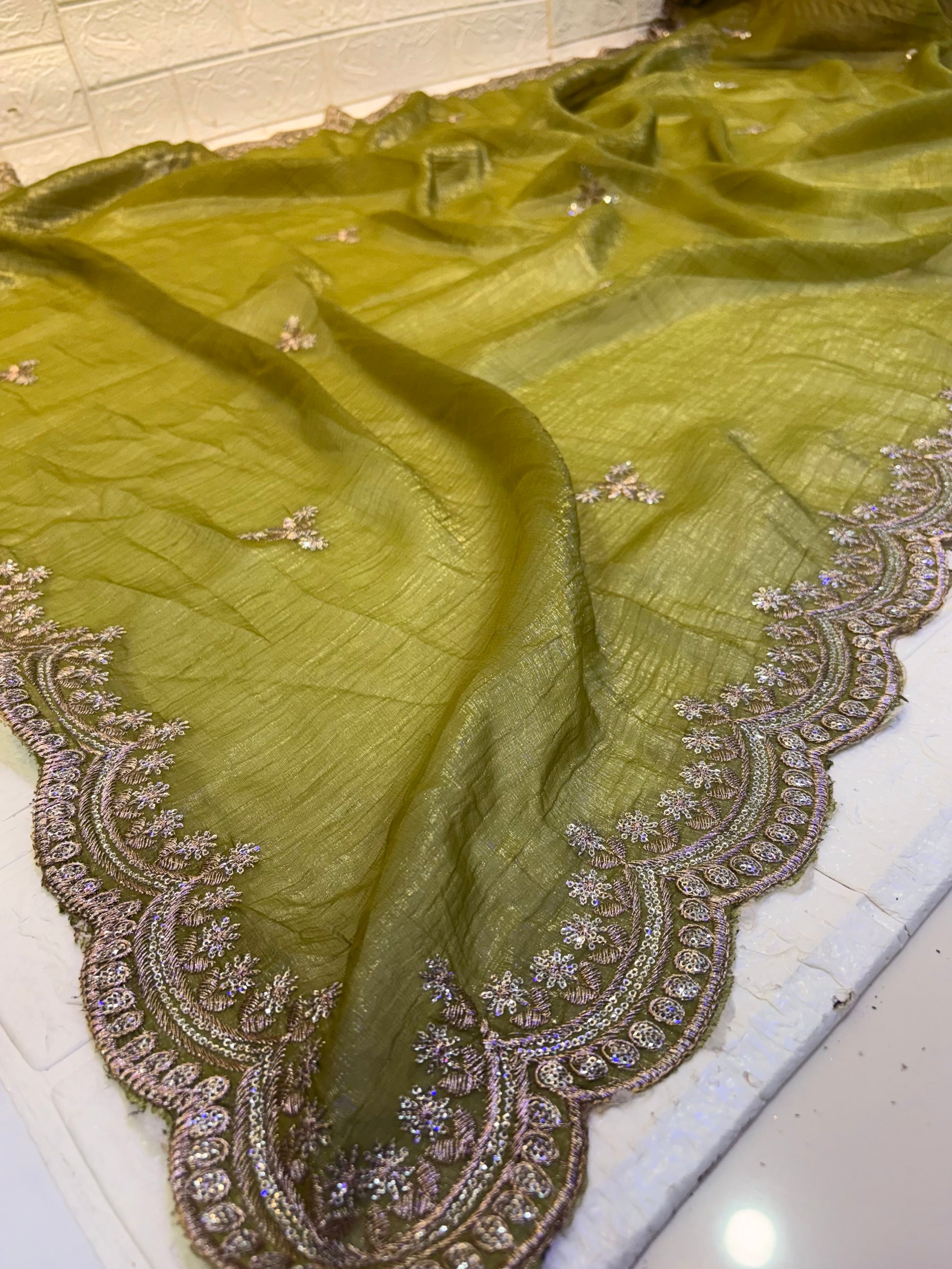 Name: Olive Green burberry silk Embroidered Saree
with delicate thread and sequin work border