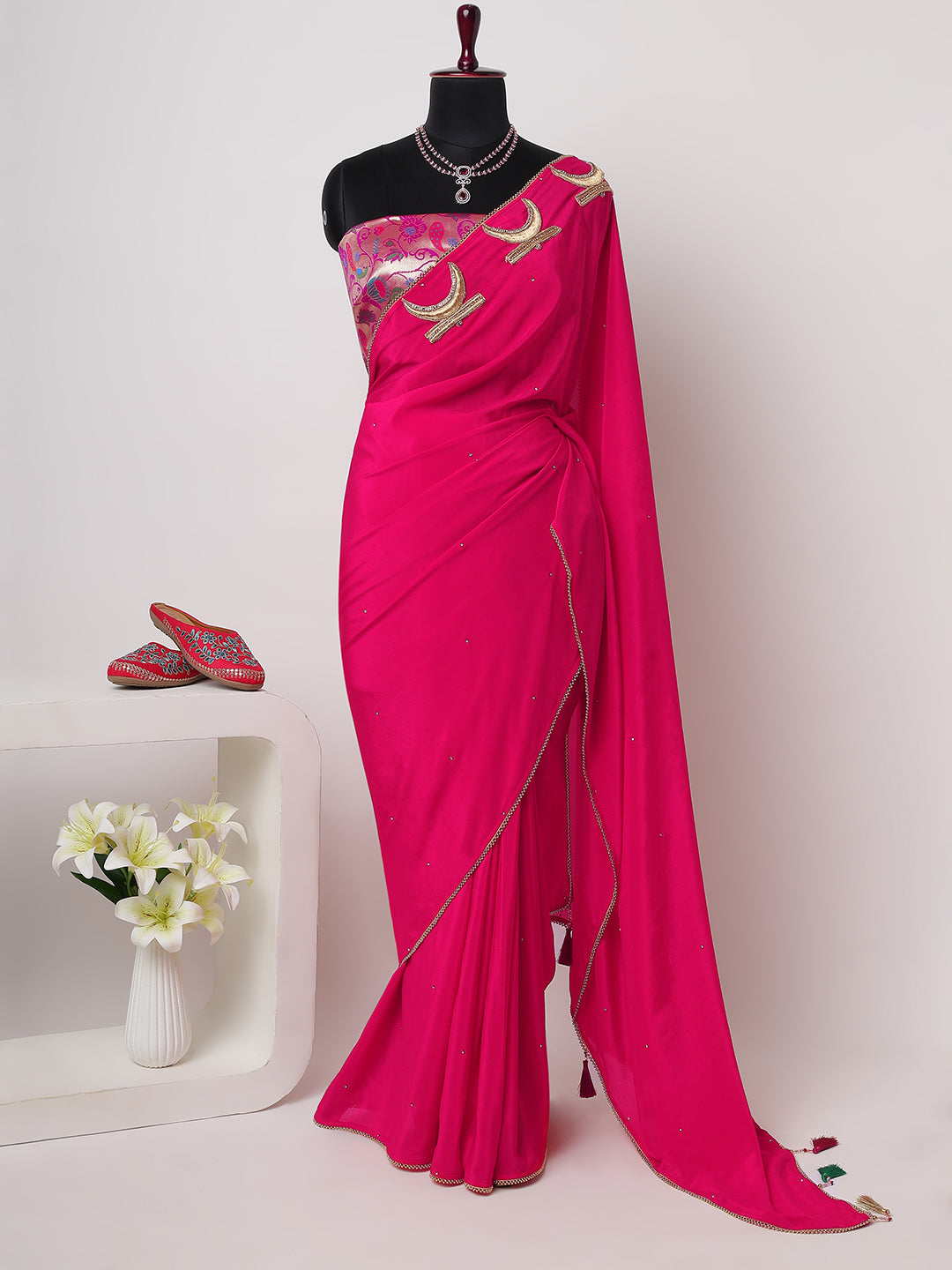 “Gulaabi Chand” – Hot Pink Saree with Crescent Embroidery & Subtle Shimmer