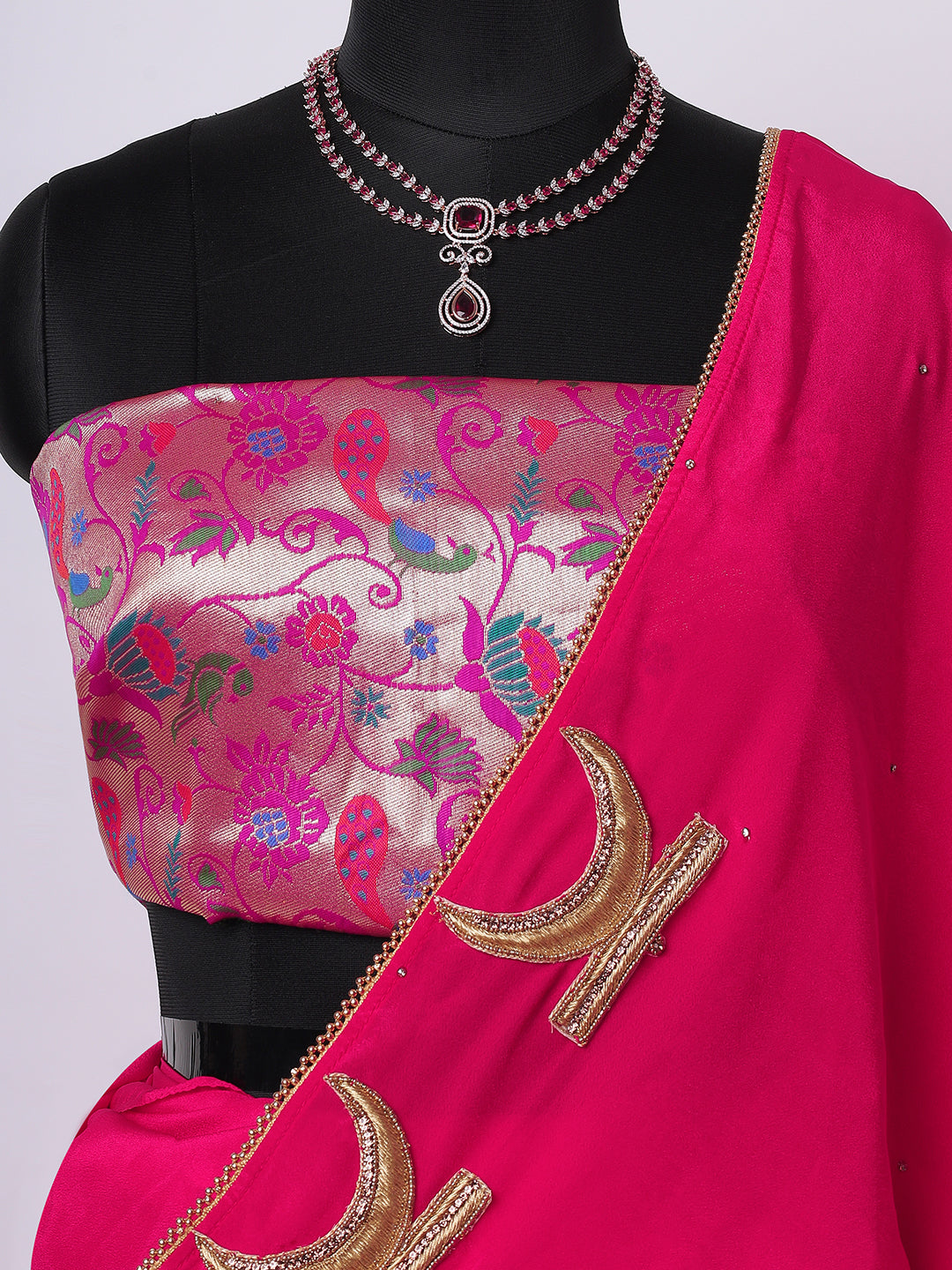 “Gulaabi Chand” – Hot Pink Saree with Crescent Embroidery & Subtle Shimmer
