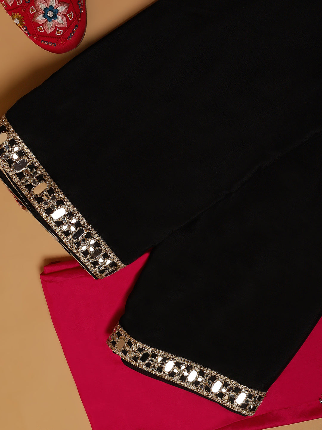 Black Georgette Saree with Mirror Work Border & Contrast Pink Blouse
