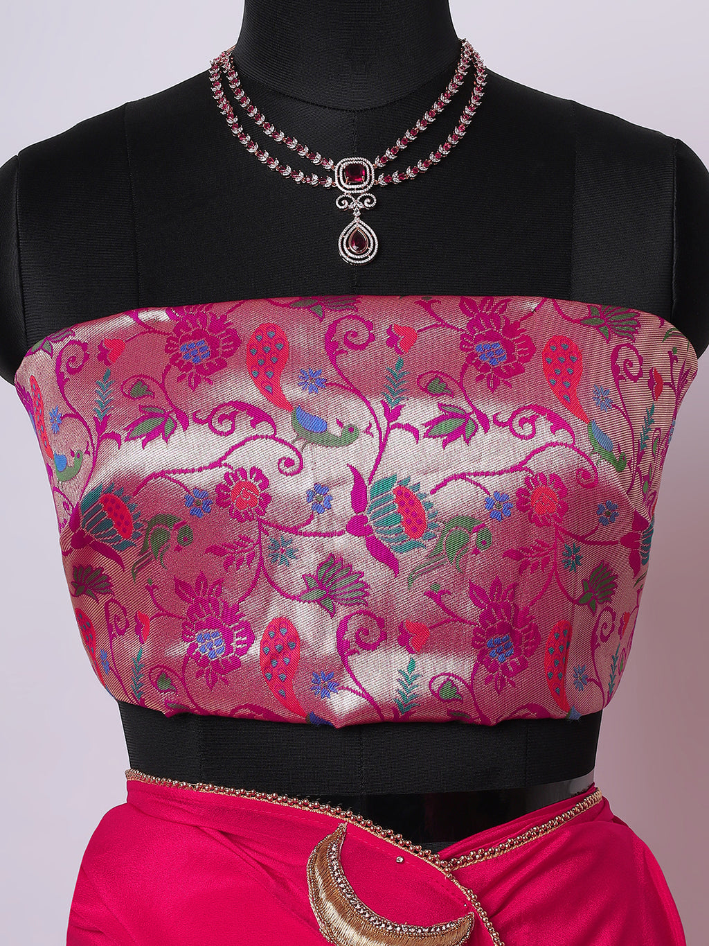 “Gulaabi Chand” – Hot Pink Saree with Crescent Embroidery & Subtle Shimmer