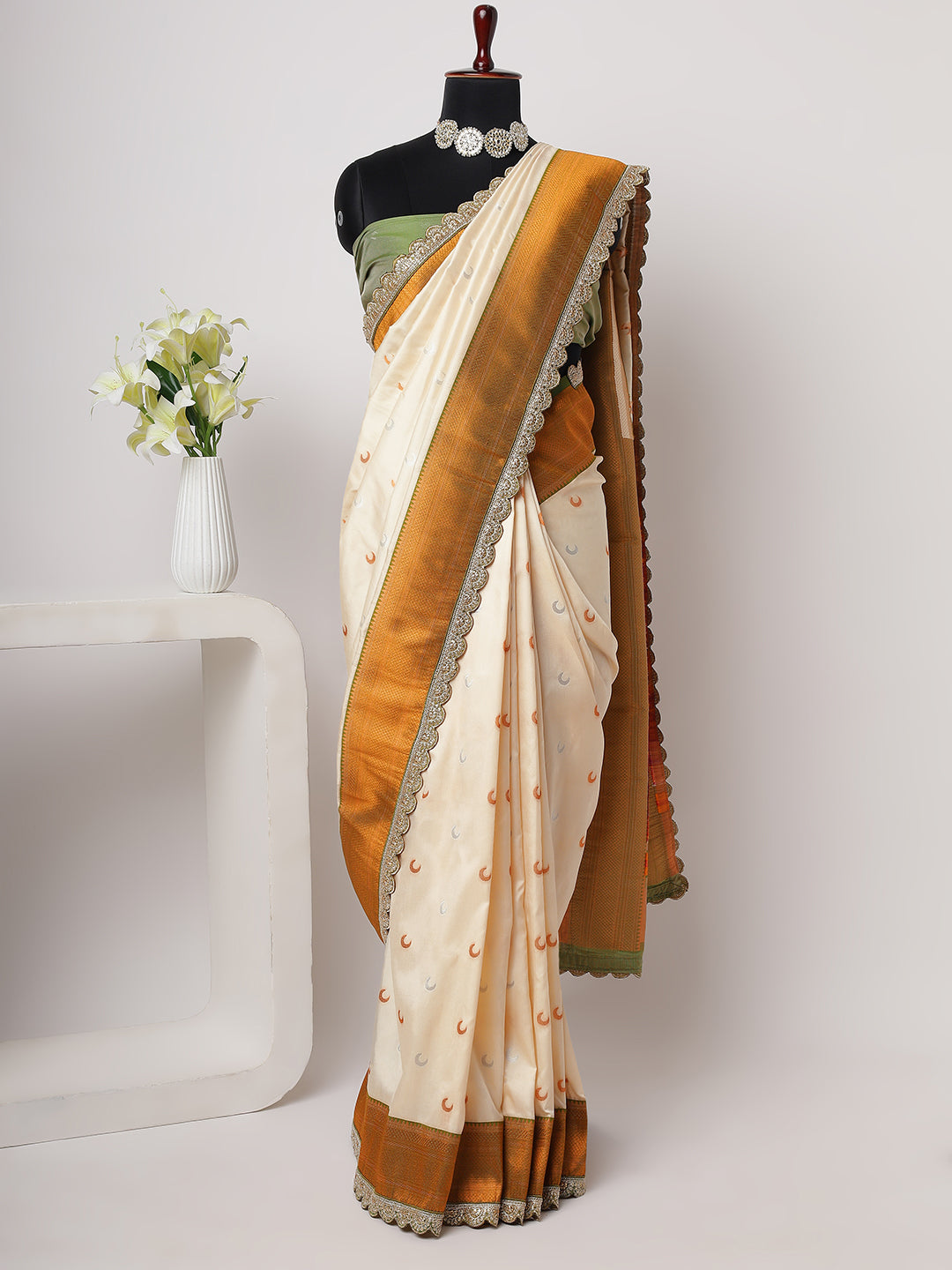 Ivory Silk Saree with Golden Border and Motifs