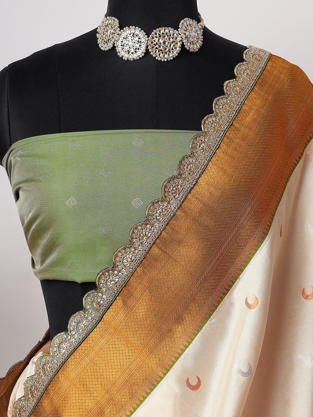 Ivory Silk Saree with Golden Border and Motifs