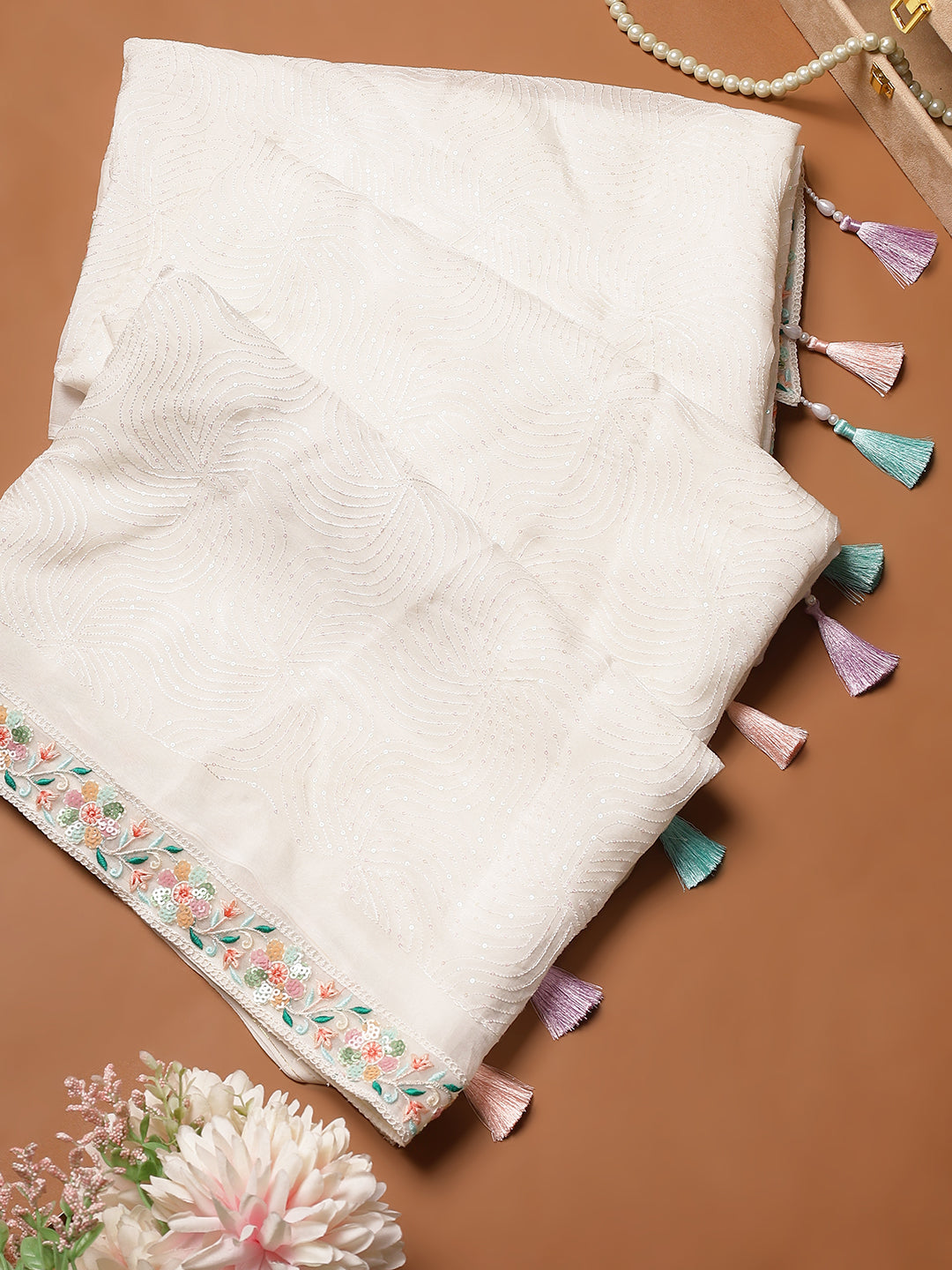 Pastel Embroidered White Dupatta with Multicolor Tassels