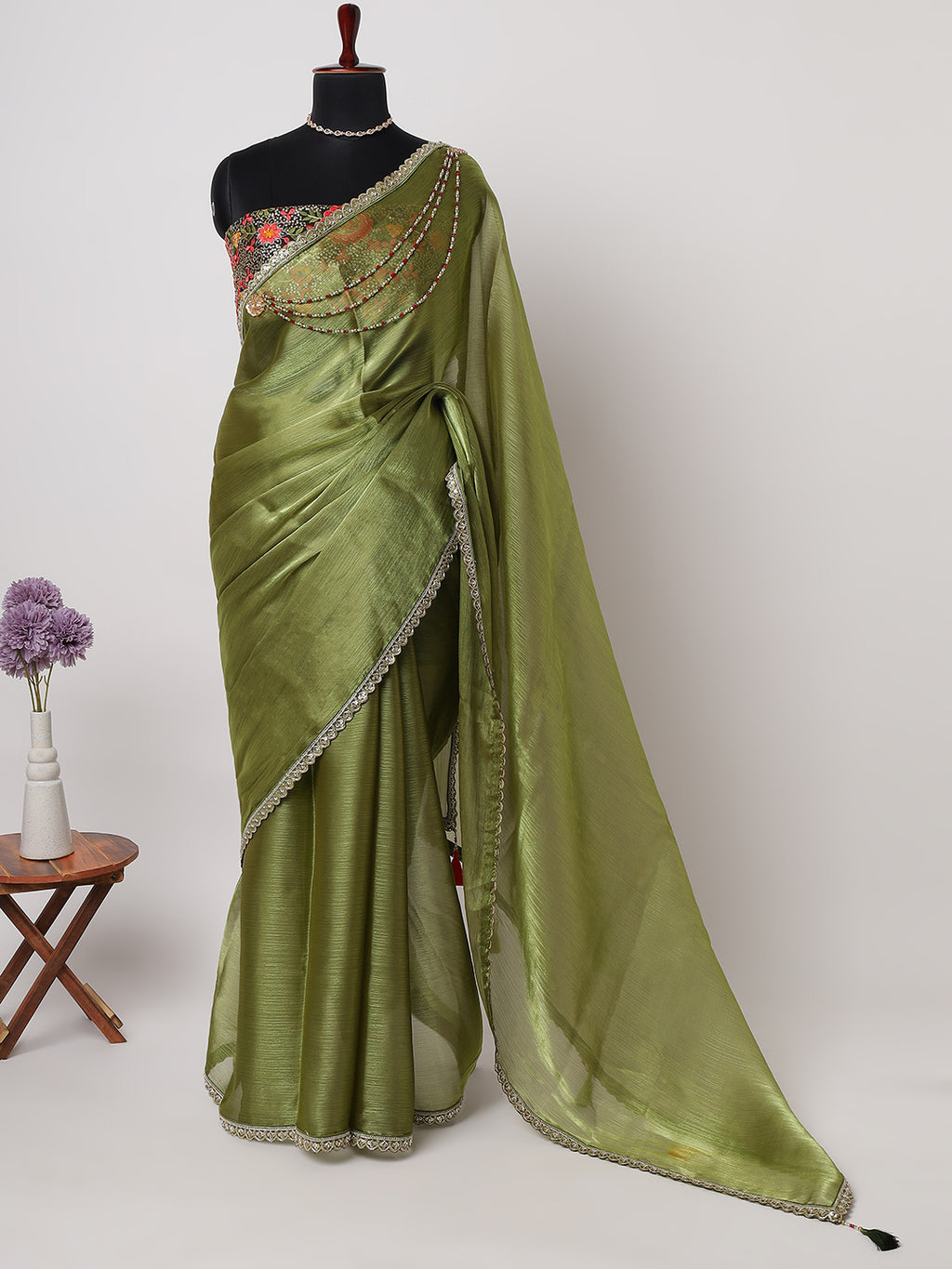 “Zaitoon Zariya” – Olive Green Sheer Saree with Embellished Blouse