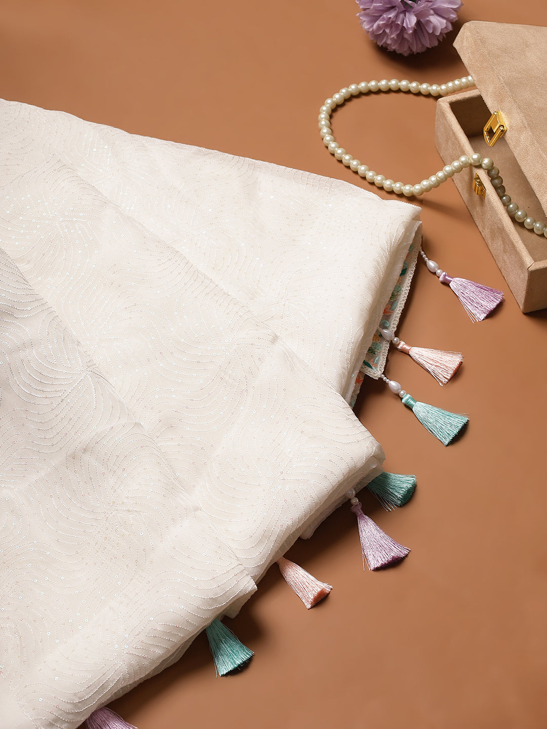 Pastel Embroidered White Dupatta with Multicolor Tassels
