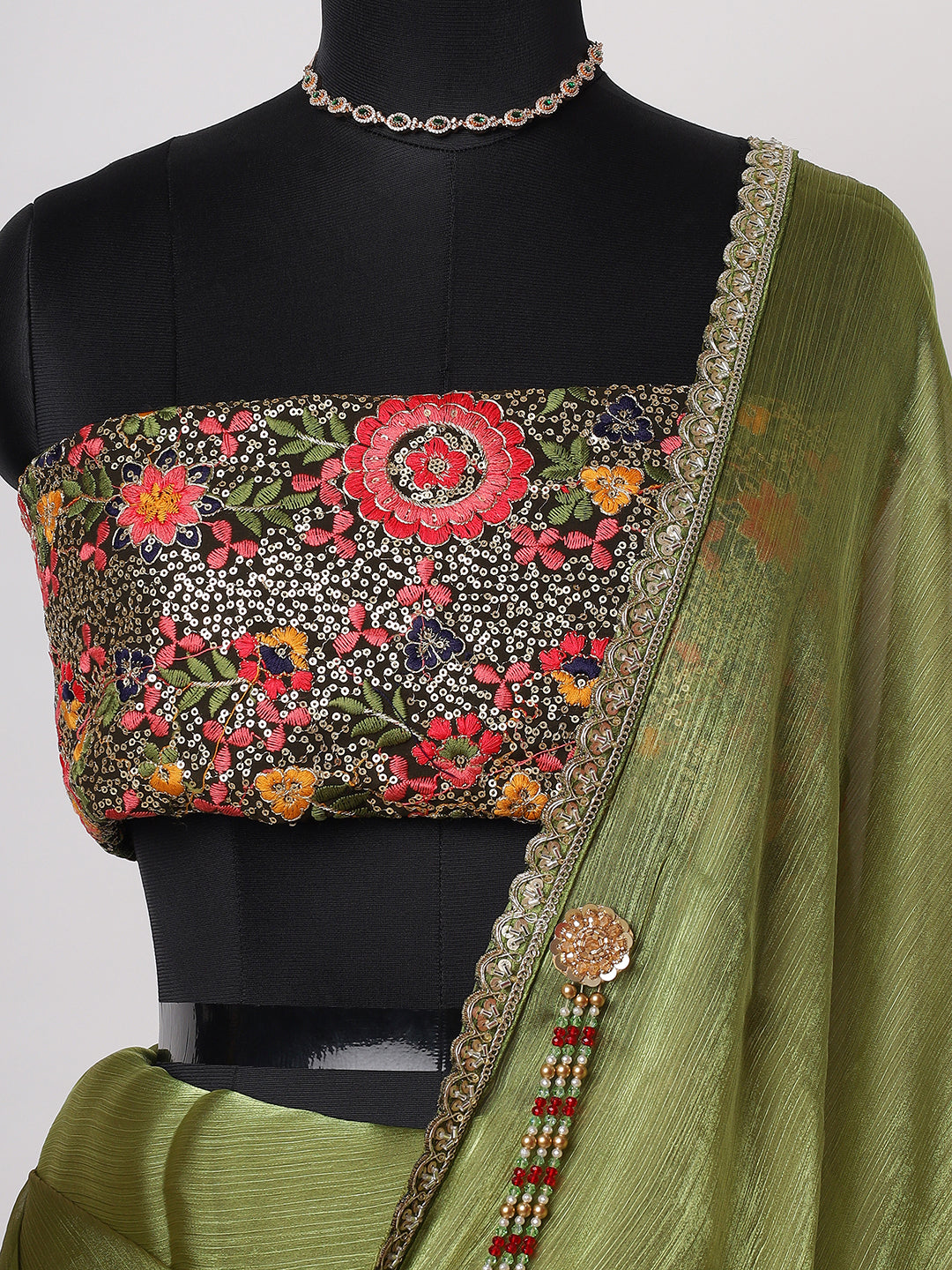 “Zaitoon Zariya” – Olive Green Sheer Saree with Embellished Blouse