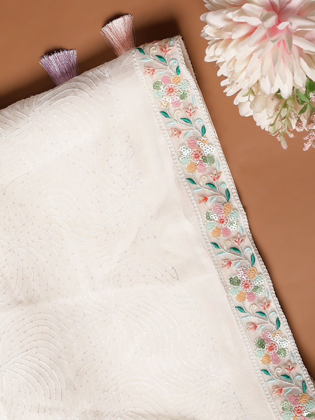 Pastel Embroidered White Dupatta with Multicolor Tassels