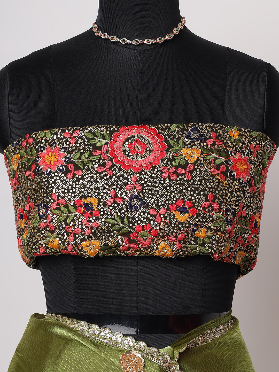 “Zaitoon Zariya” – Olive Green Sheer Saree with Embellished Blouse