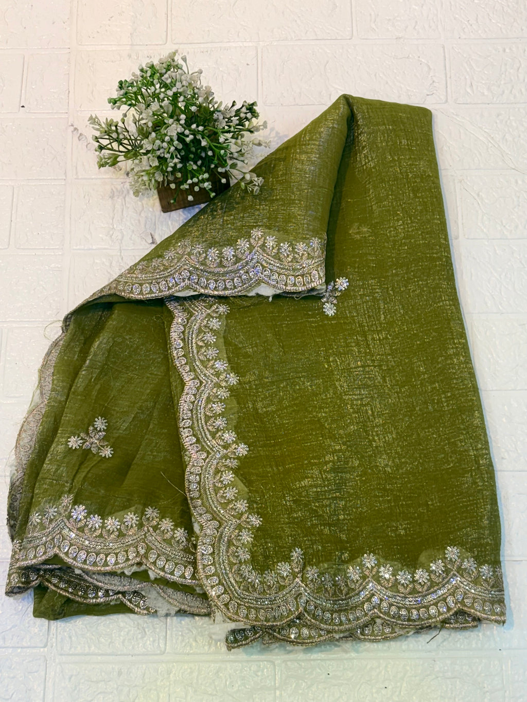Name: Olive Green burberry silk Embroidered Saree
with delicate thread and sequin work border
