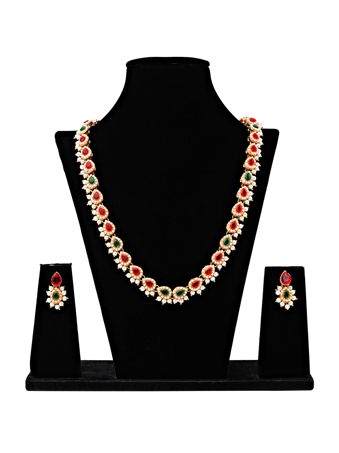 Red & Green Teardrop Kundan Necklace Set with Pearl Accents