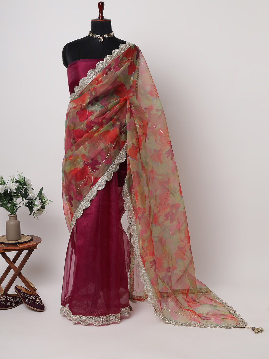 Wine Pink Saree with Floral Organza Dupatta and Scalloped Border