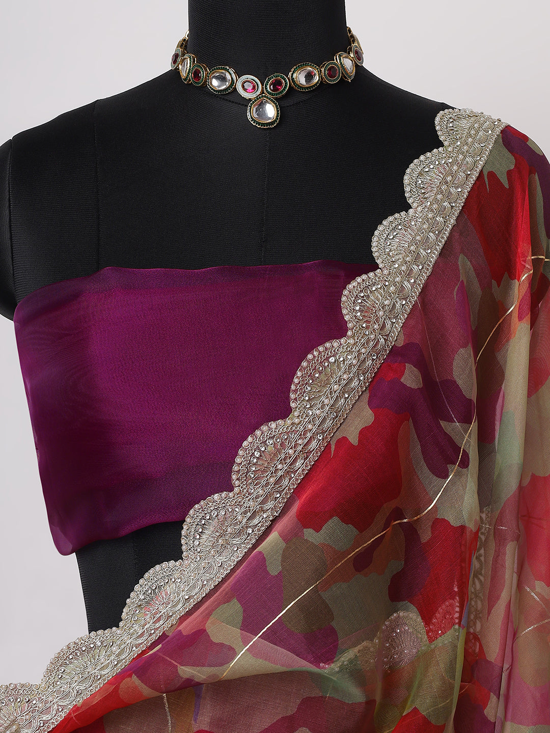 Wine Pink Saree with Floral Organza Dupatta and Scalloped Border