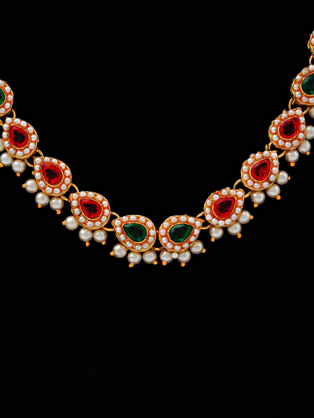 Red & Green Teardrop Kundan Necklace Set with Pearl Accents