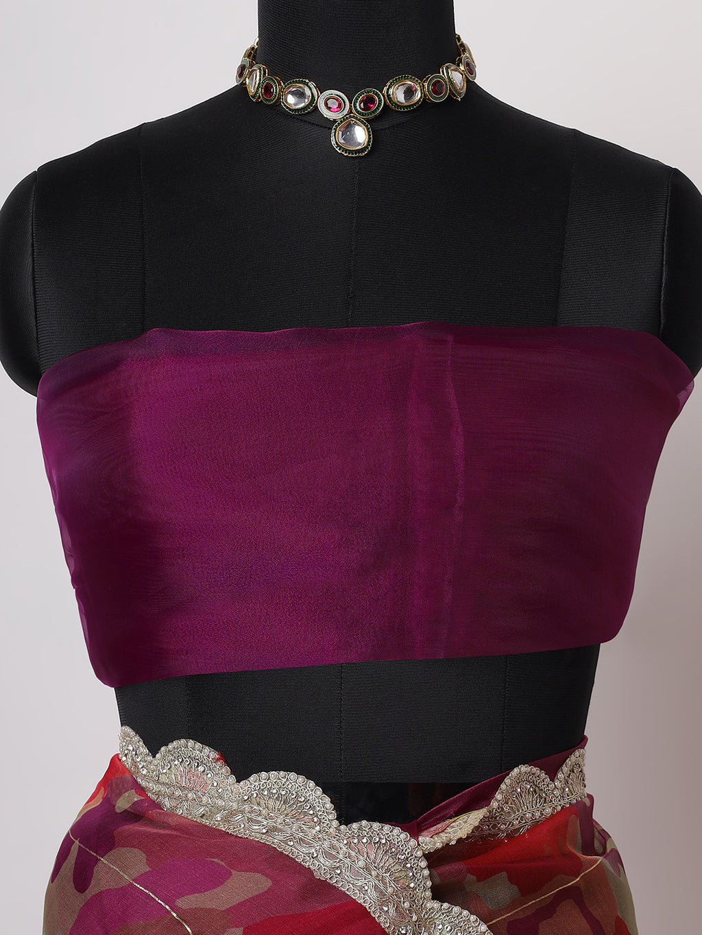 Wine Pink Saree with Floral Organza Dupatta and Scalloped Border