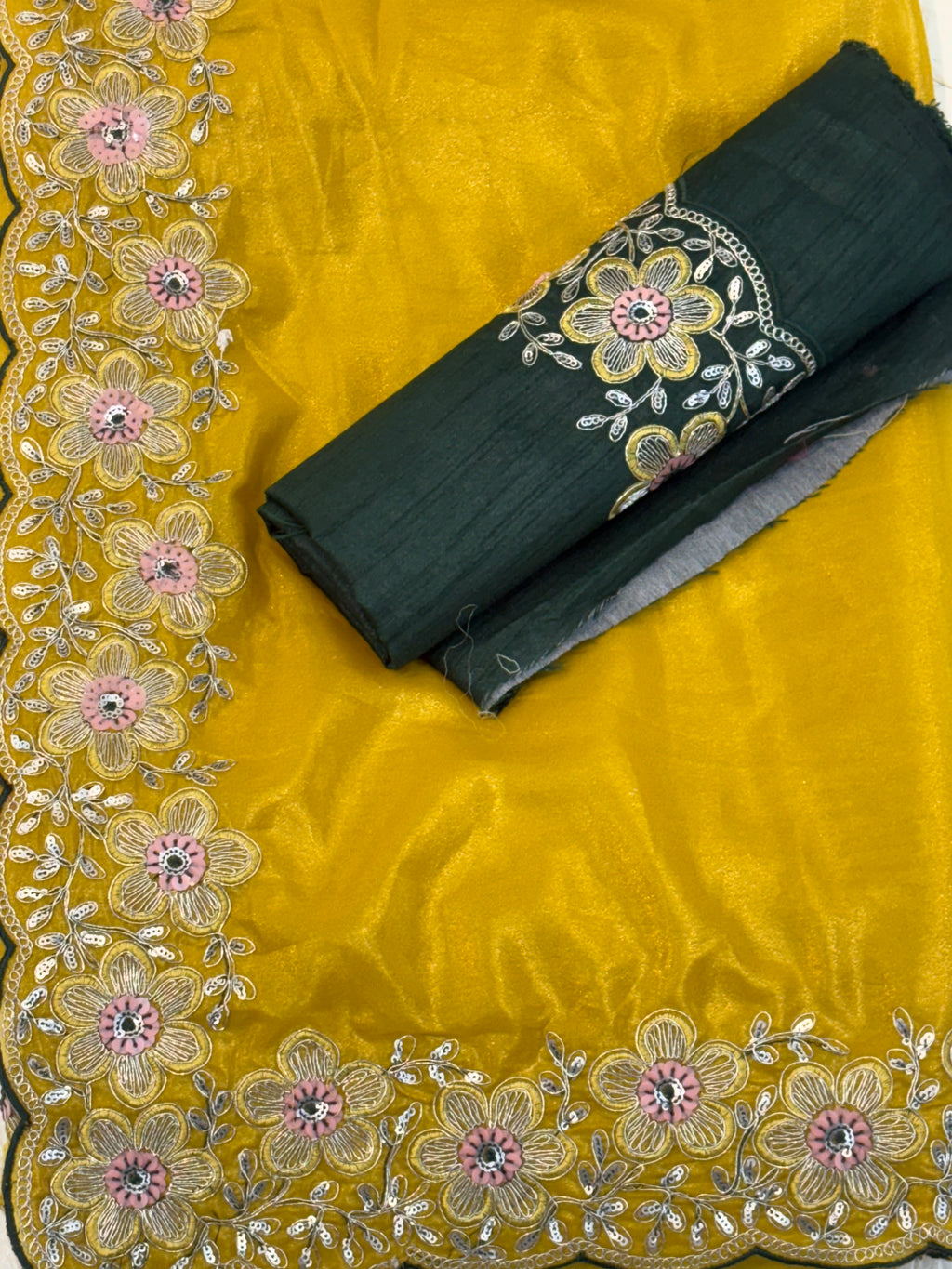 Name: Mustard Yellow colour Embroidered Saree Soft silk with thread and sequin floral border embroidery and contrast blouse bottle green colour best for festival