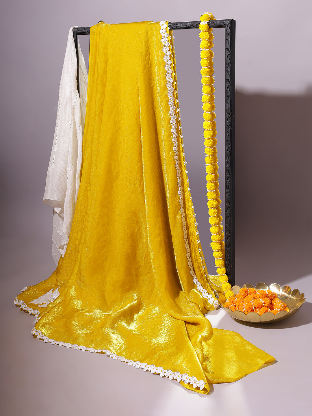Yellow Shimmer Festive Saree with White Lace Border