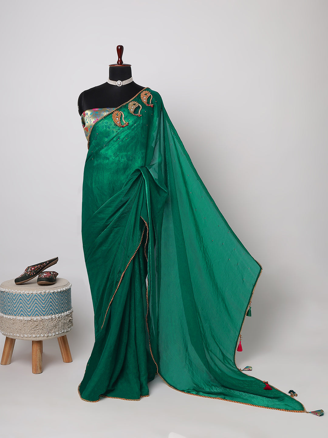 Elegant Bottle Green Saree with Paisley Embroidered Blouse & Subtle Tassel Detailing