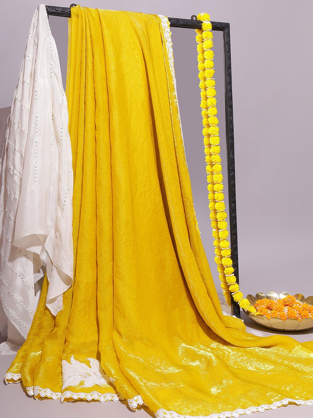Yellow Shimmer Festive Saree with White Lace Border
