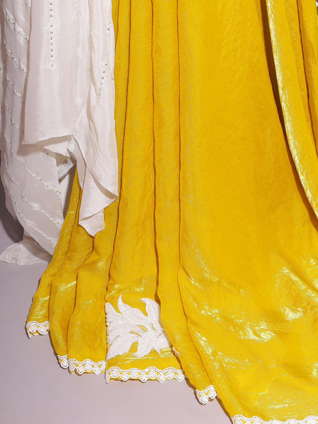 Yellow Shimmer Festive Saree with White Lace Border