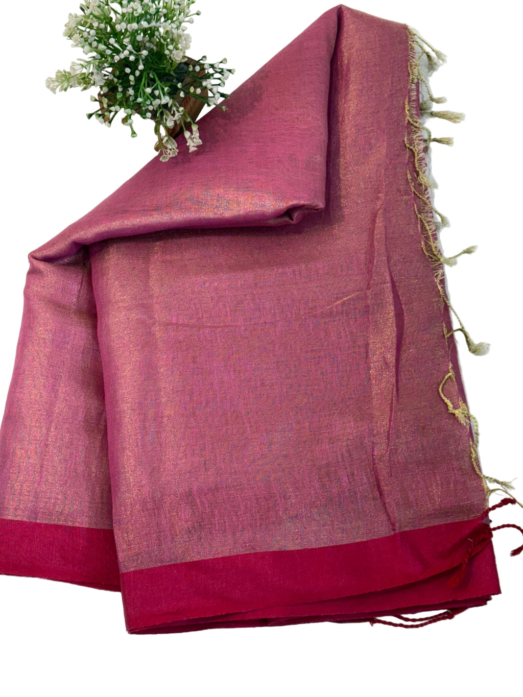 Name: Rose Gold cotton  shimmering Silk Saree with a soft rose-pink and golden sheen, finished with a deep maroon border.