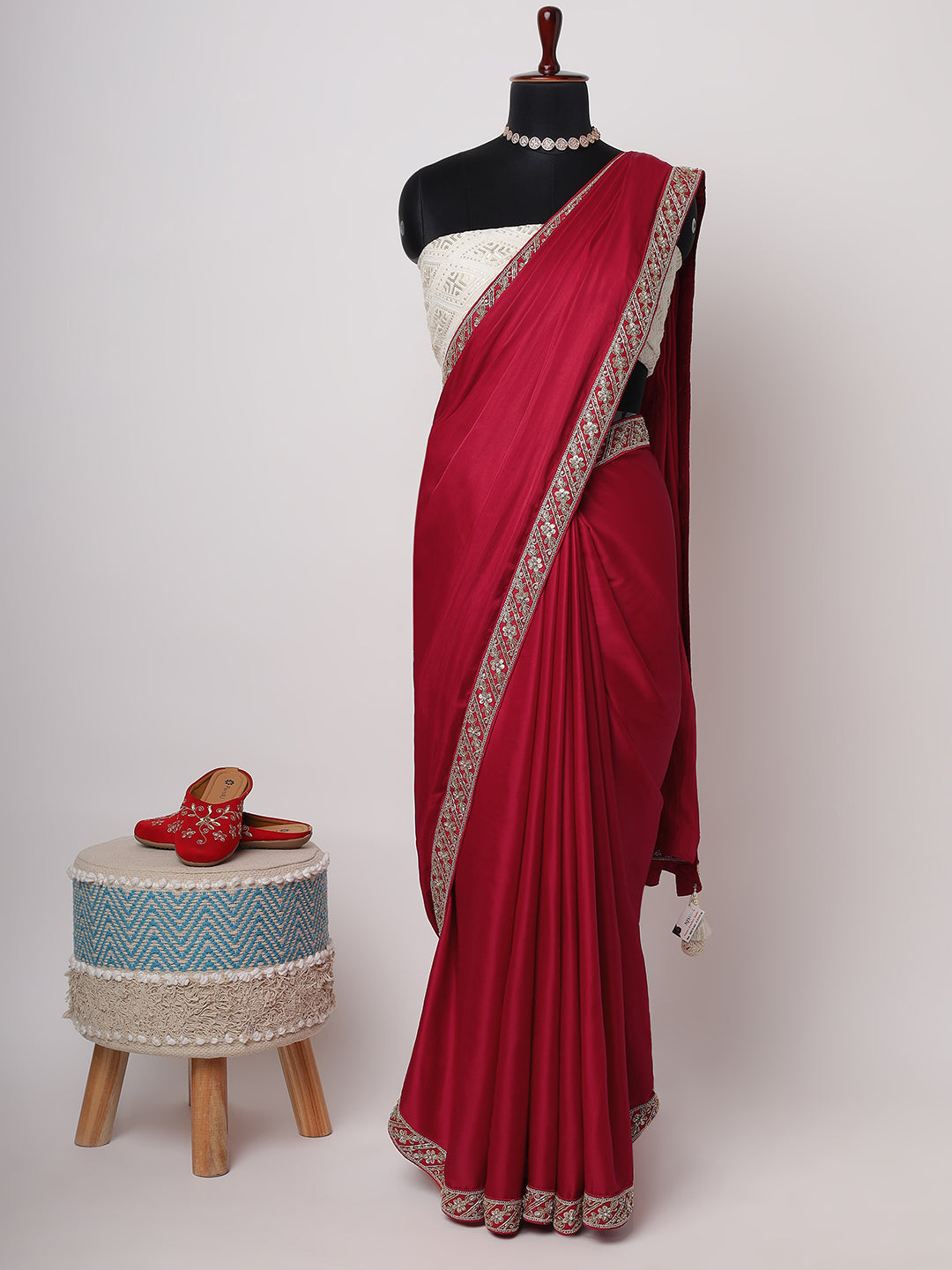 Crimson Red Saree with Intricate Embroidered Border