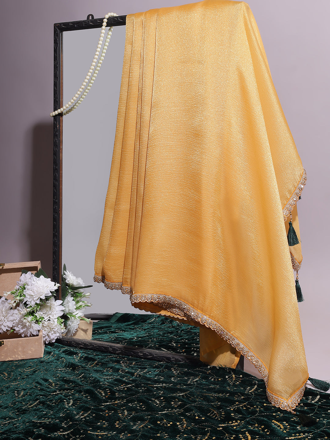 Golden Yellow Embellished Saree with Tassels