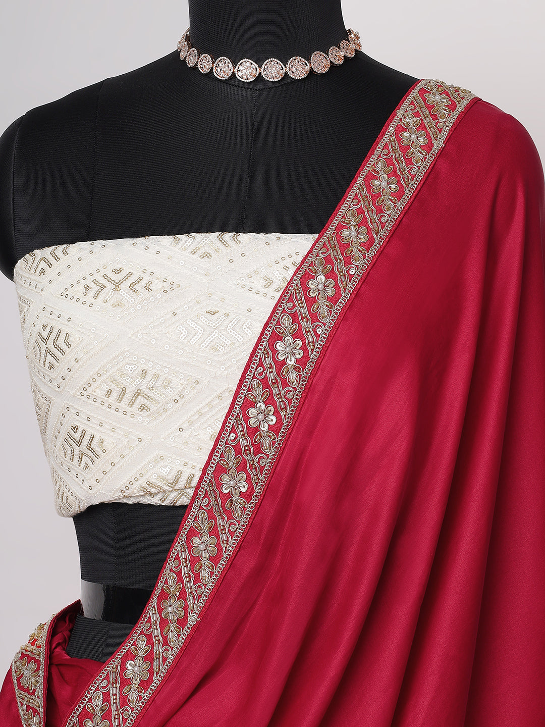 Crimson Red Saree with Intricate Embroidered Border