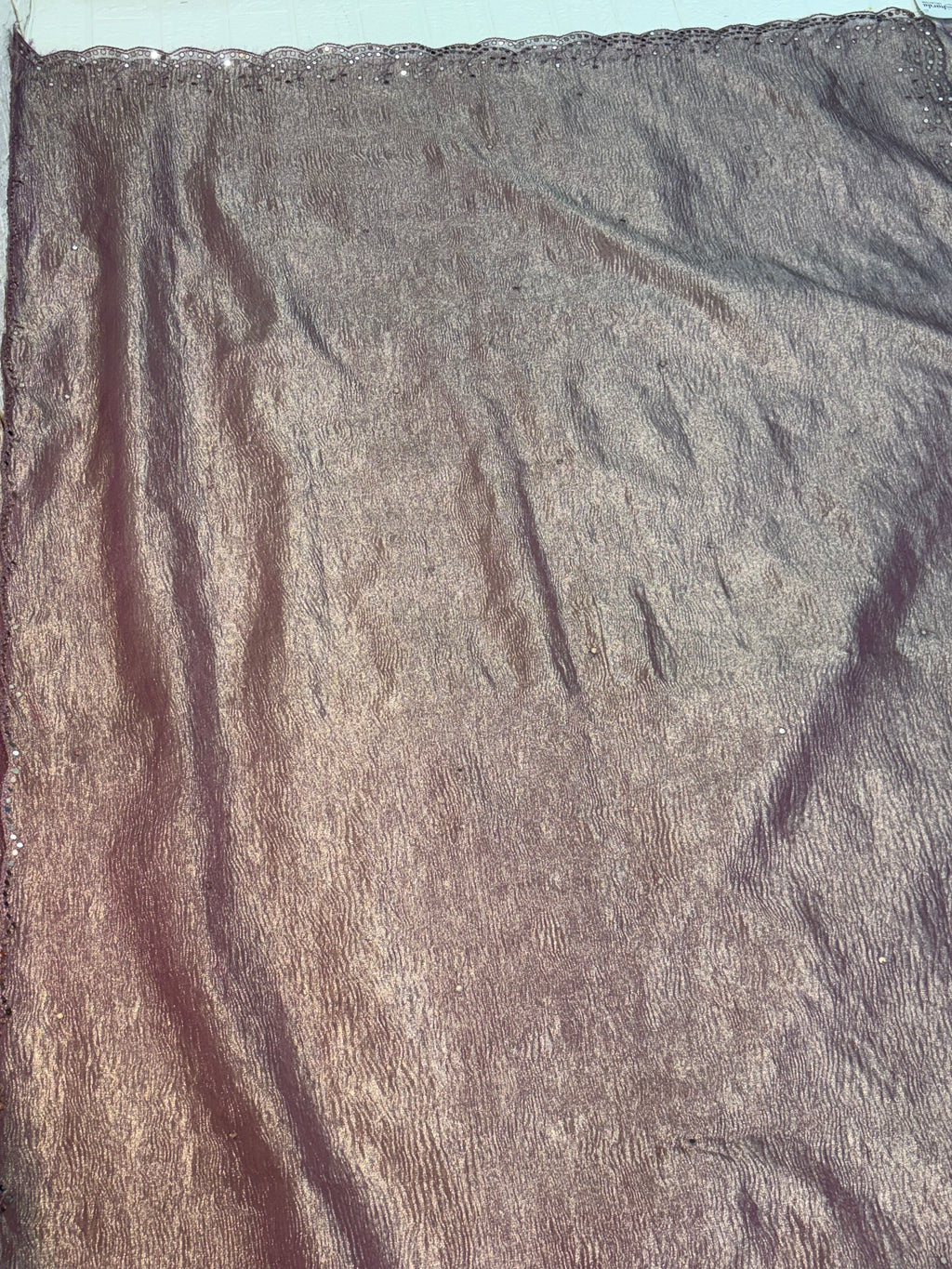 Name: purple gold Mauve crust Tissue Shimmery fabric with subtle sequin embellishments and delicate scalloped lace border