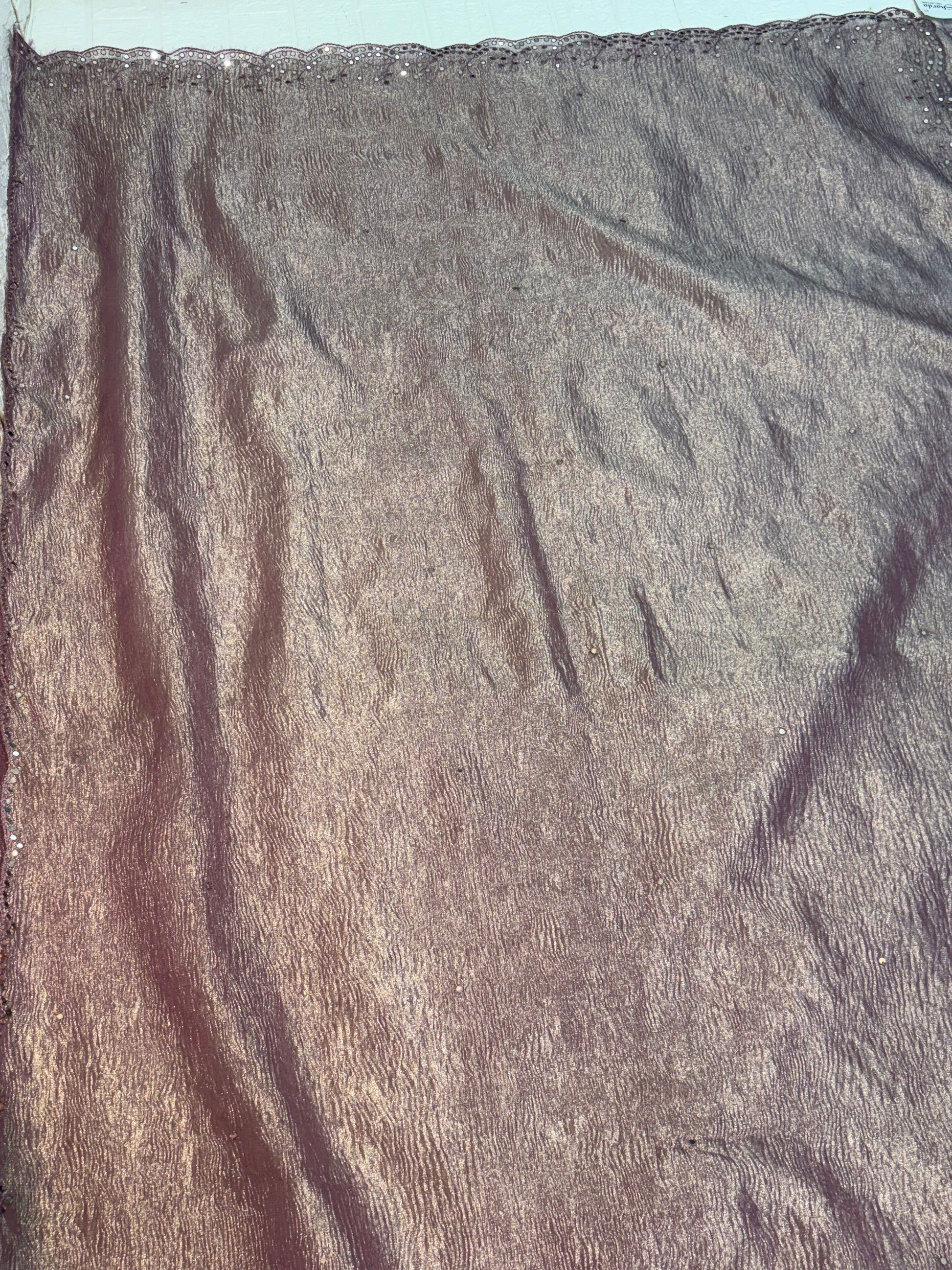 Name: purple gold Mauve crust Tissue Shimmery fabric with subtle sequin embellishments and delicate scalloped lace border