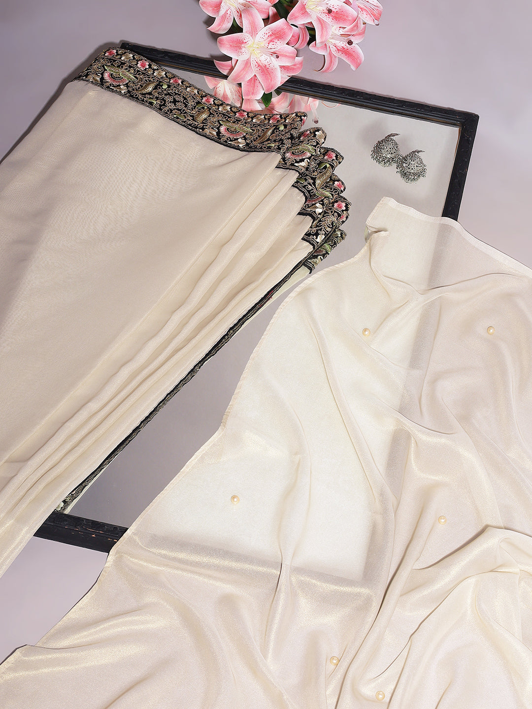 Ivory Pearl-Embellished Saree with Floral Border