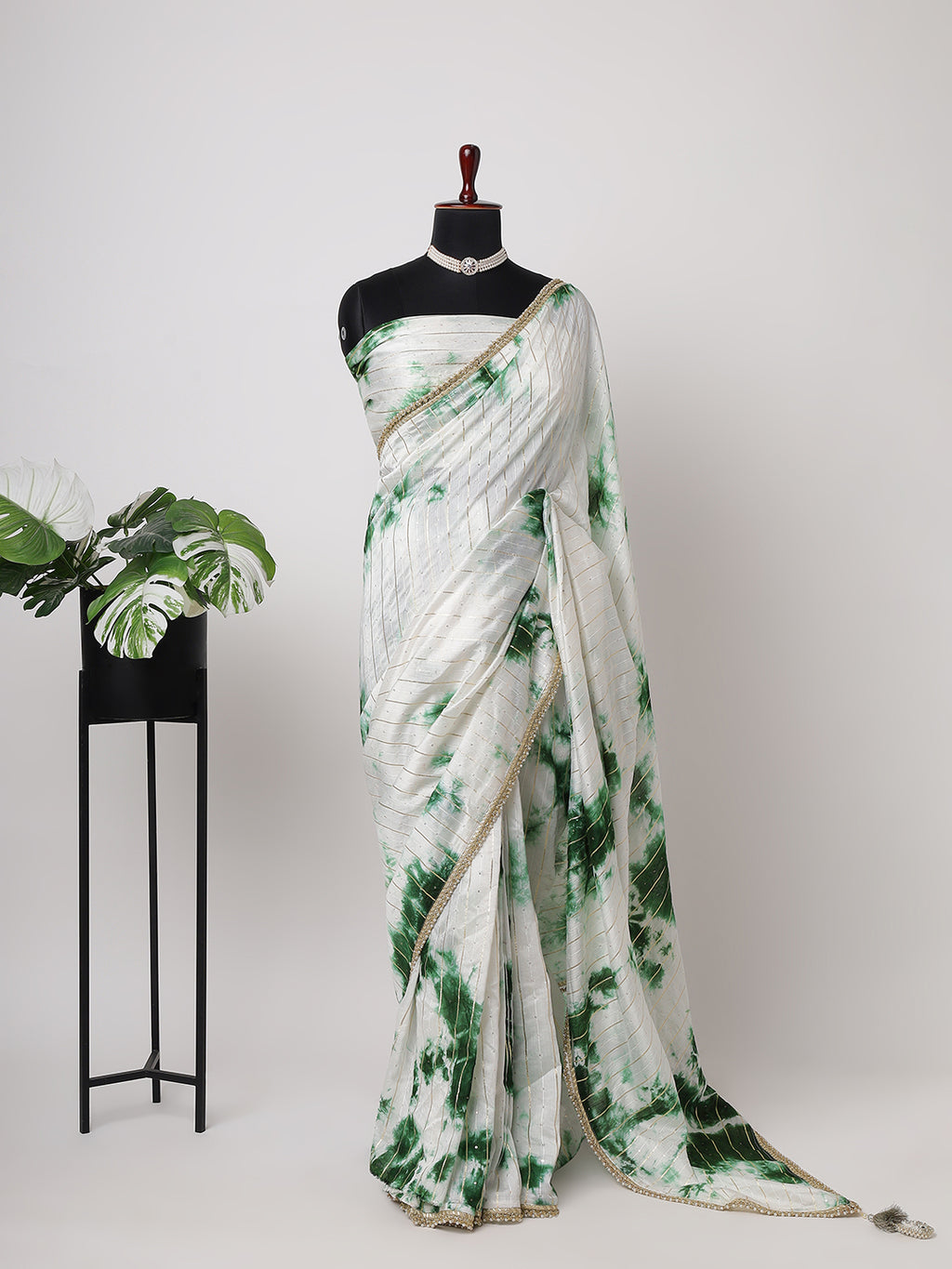 Elegant White & Green Tie-Dye Saree with Gold Detailing