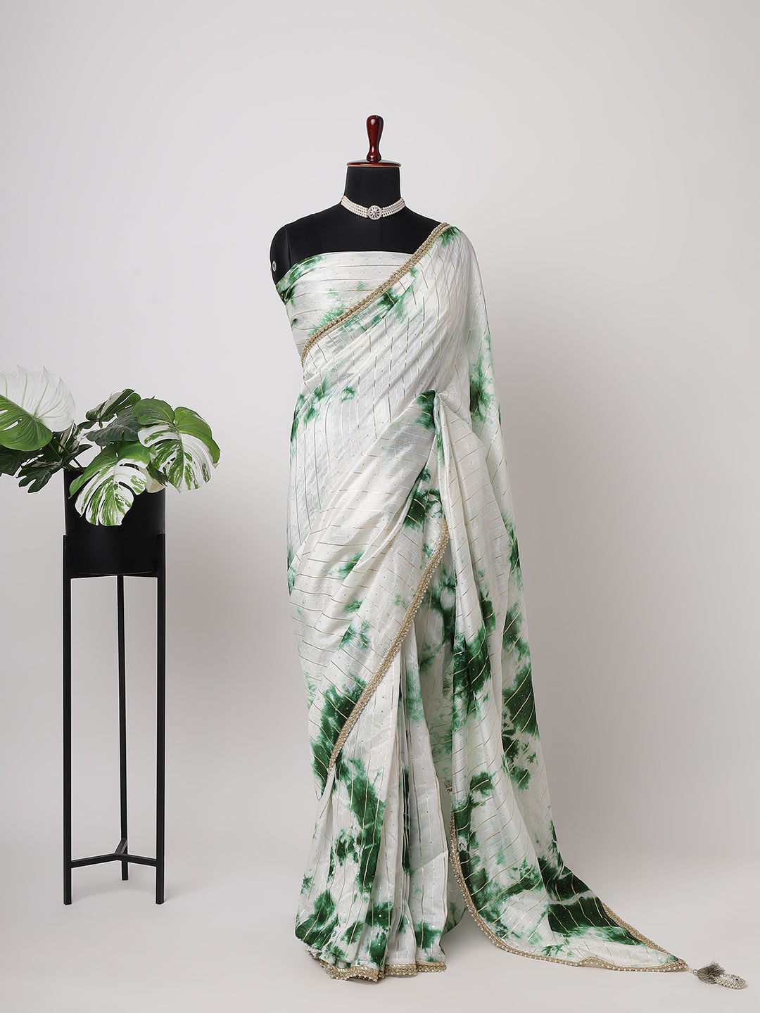 Elegant White & Green Tie-Dye Saree with Gold Detailing