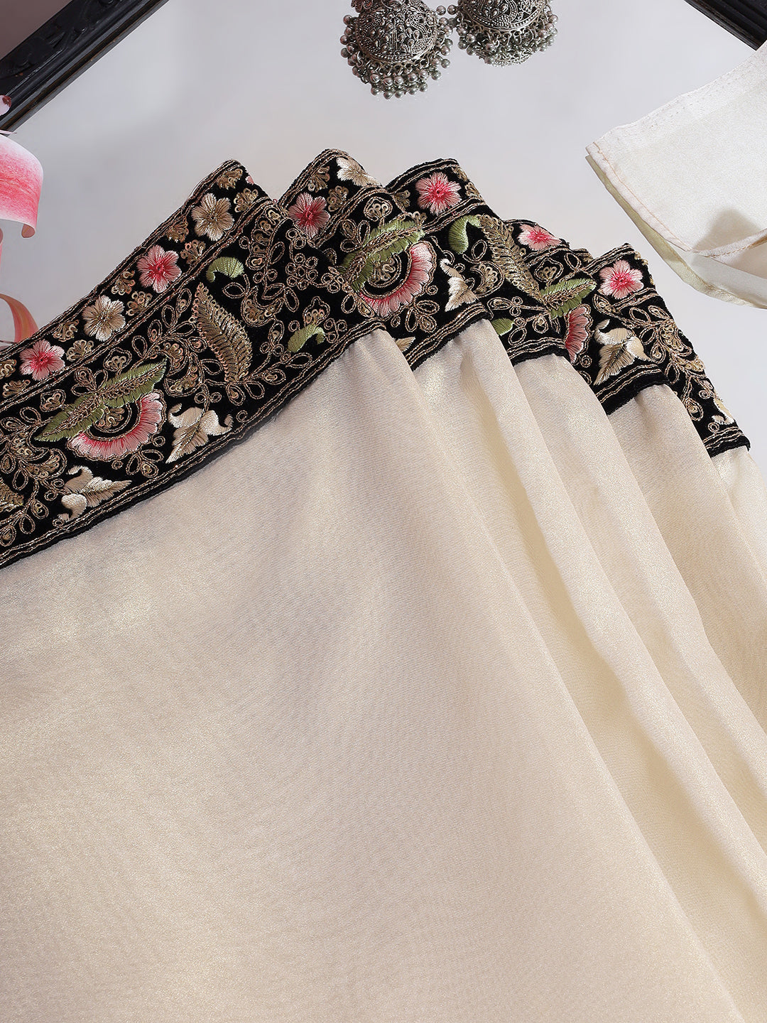 Ivory Pearl-Embellished Saree with Floral Border