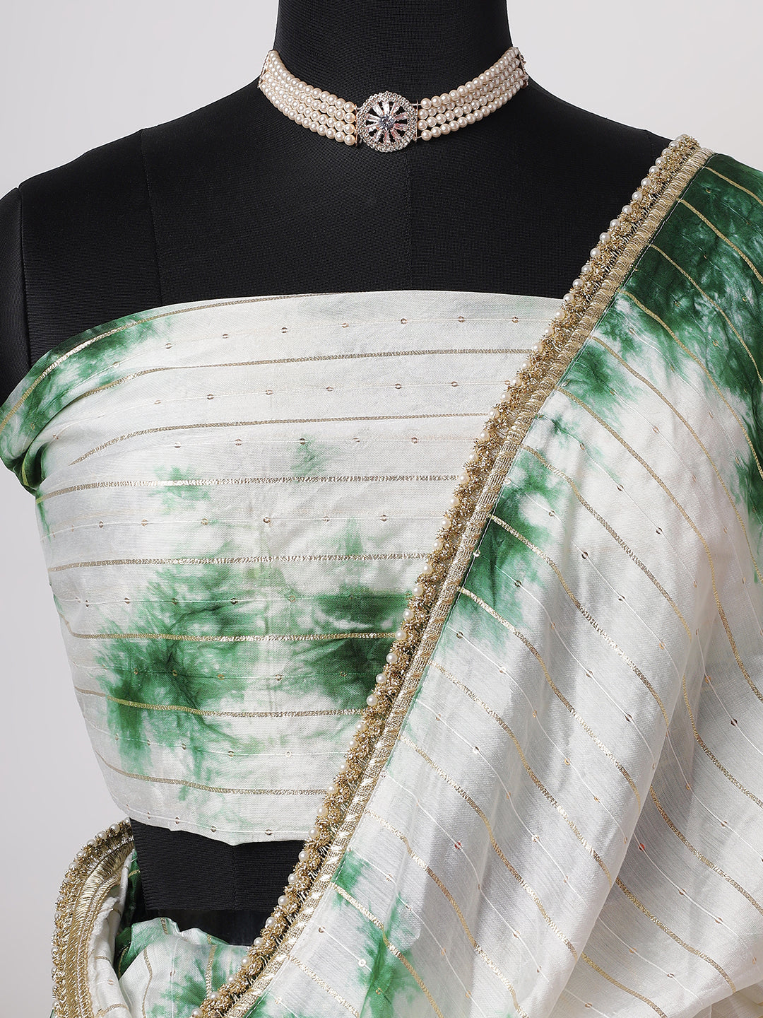 Elegant White & Green Tie-Dye Saree with Gold Detailing