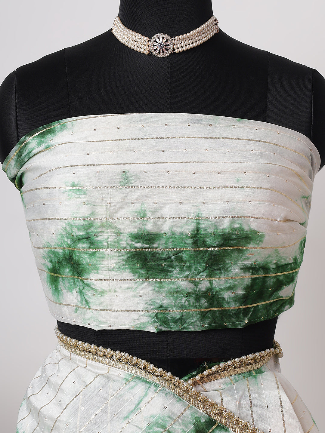 Elegant White & Green Tie-Dye Saree with Gold Detailing