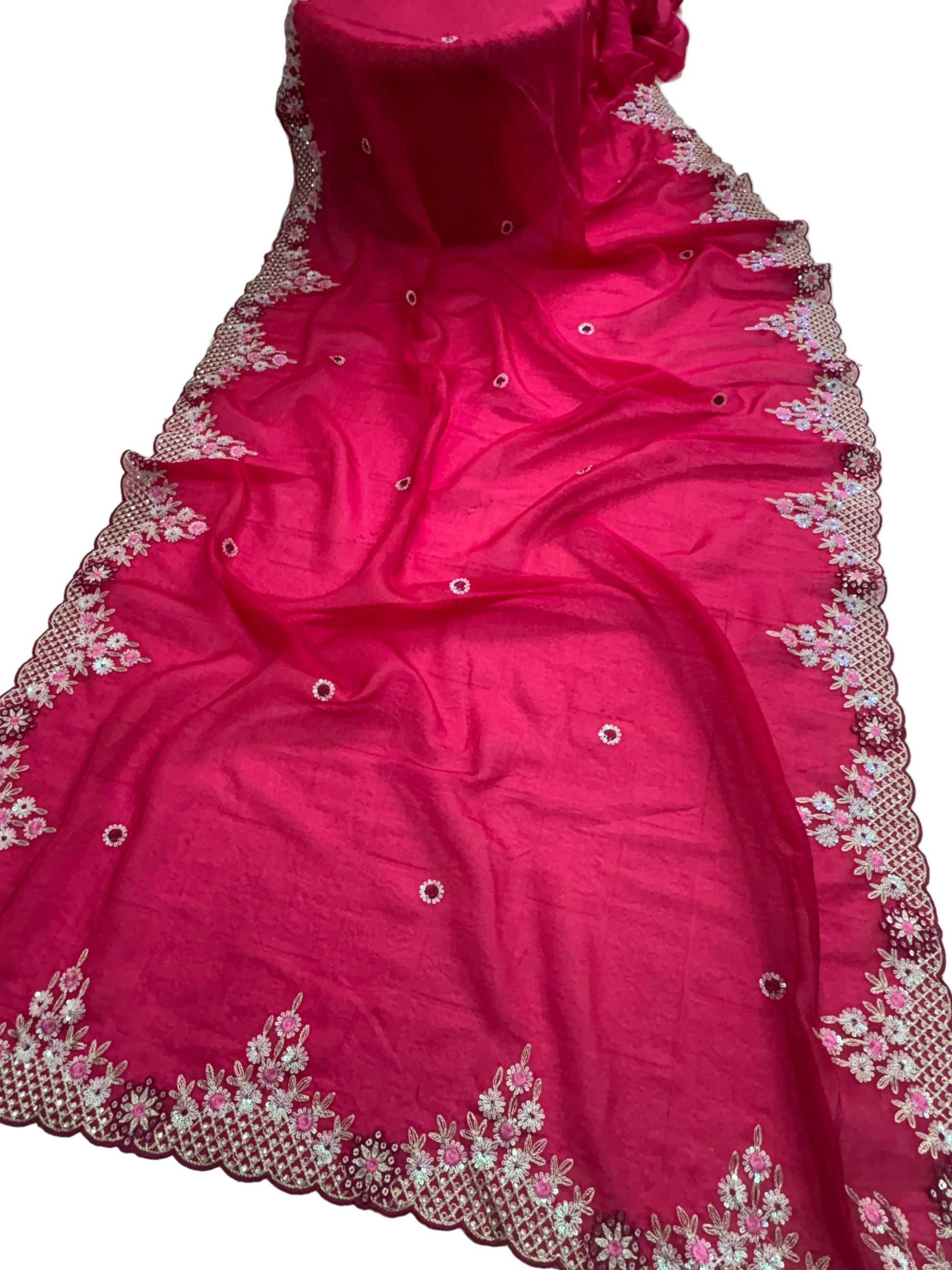 Name: Dark pink colour Bloom Saree Soft organza with light pink colour blouse delicate floral embroidery and scalloped border