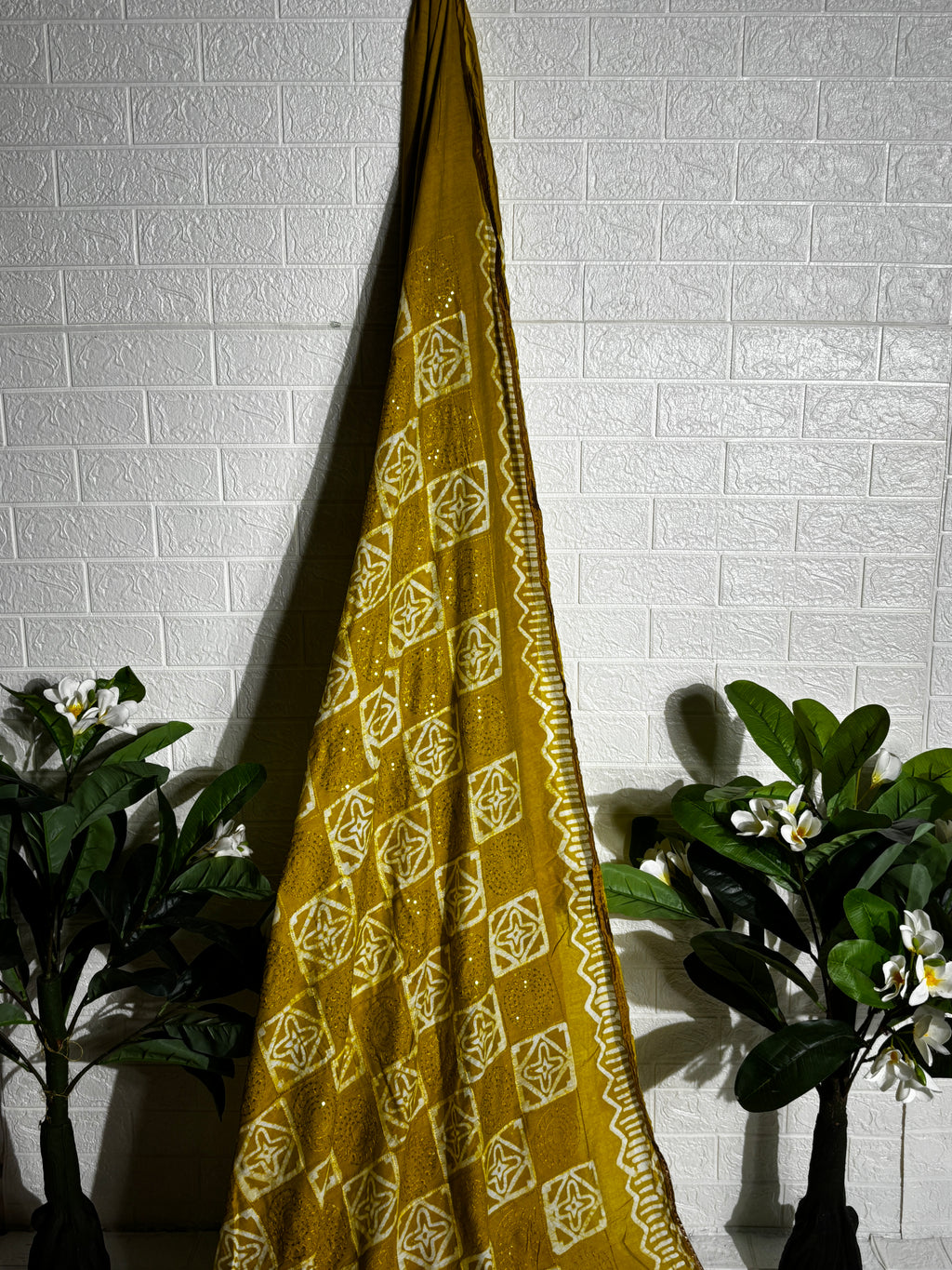Mustard Yellow Bandhani Georgette Saree with Mirror Work"