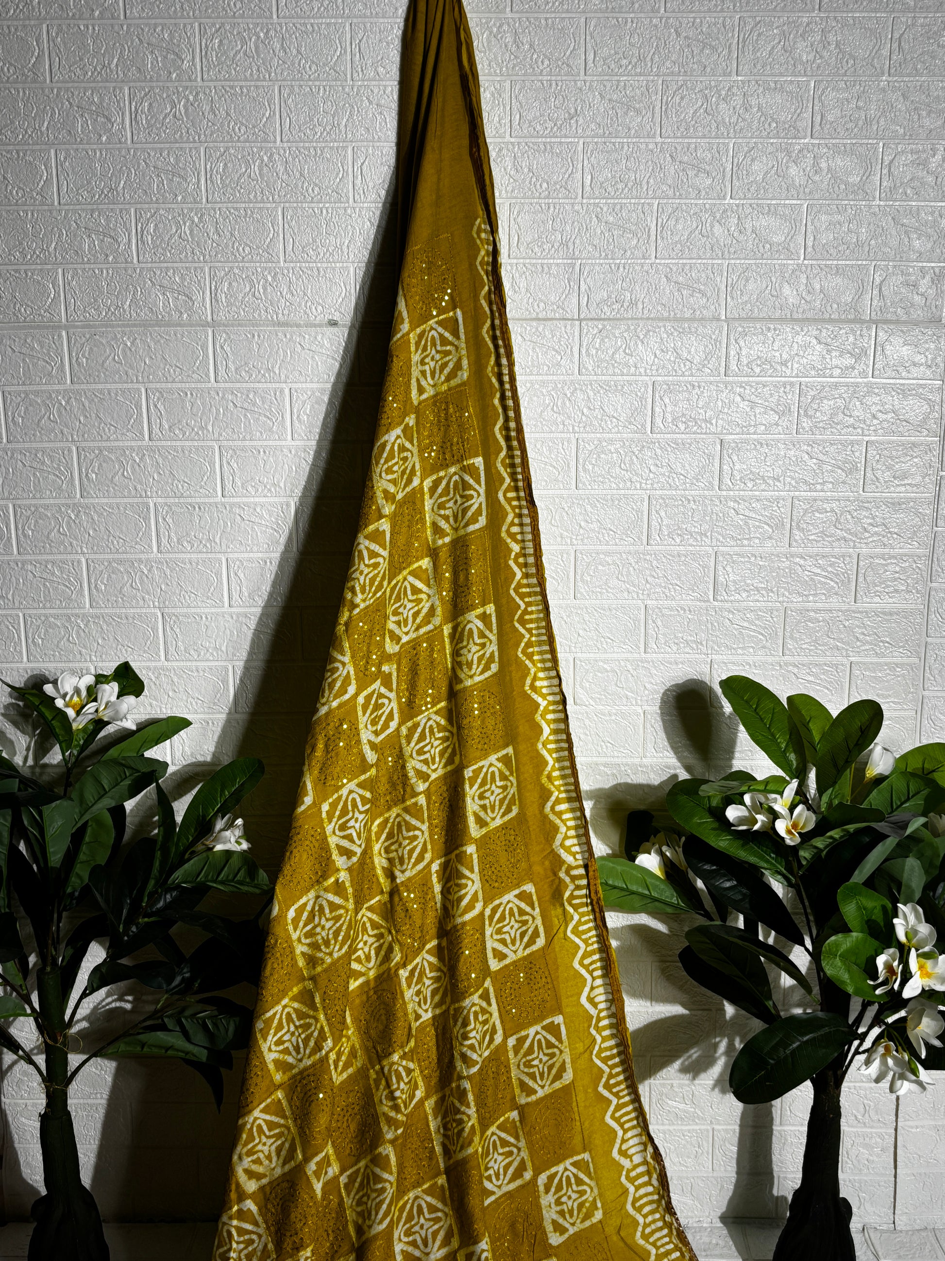 Mustard Yellow Bandhani Georgette Saree with Mirror Work"