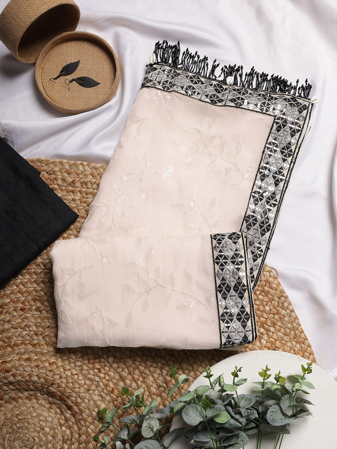 Elegant Pastel Peach Saree with Mirror Work Black Border