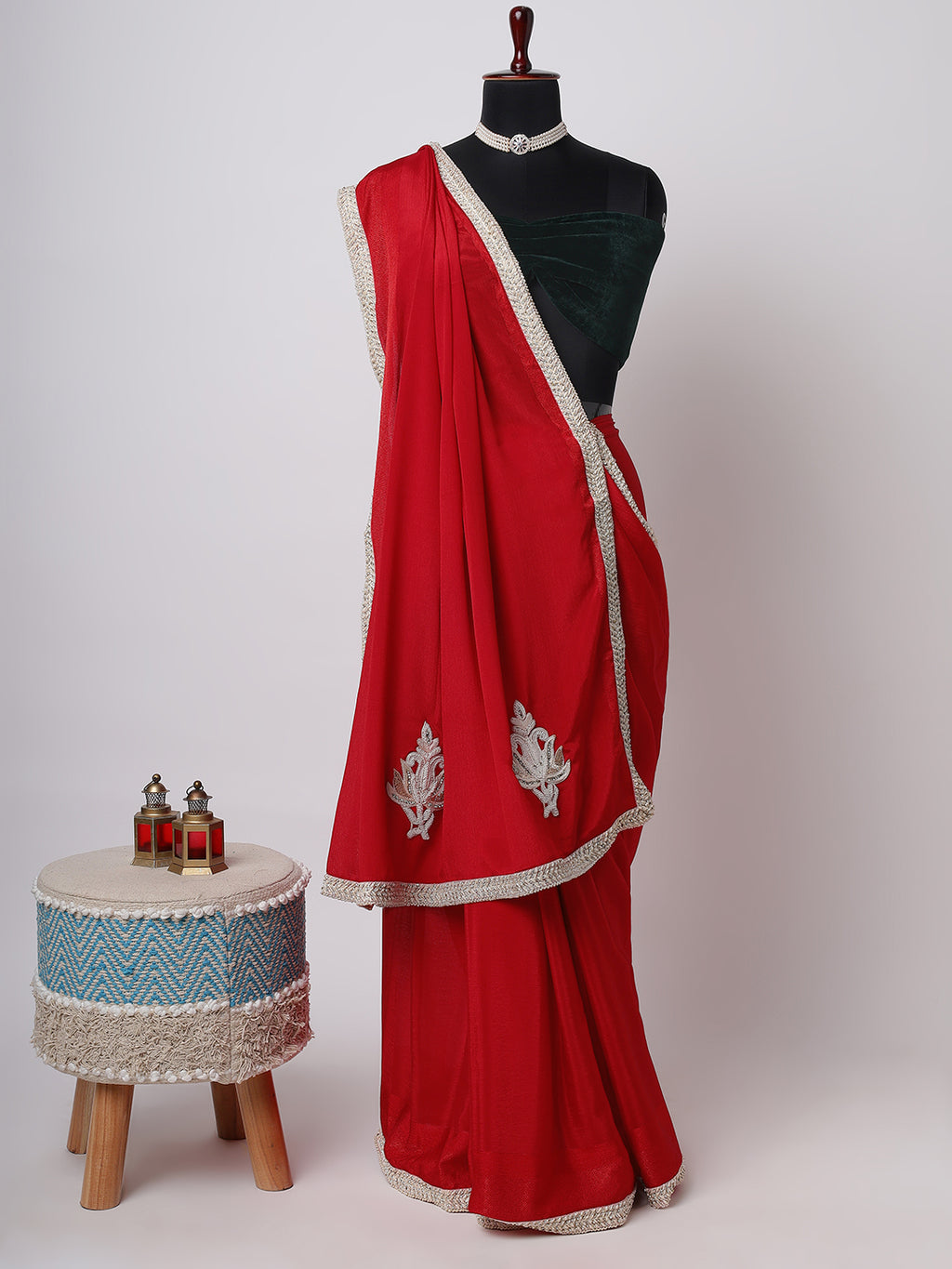 Classic Red Saree with Silver Embroidered Motifs