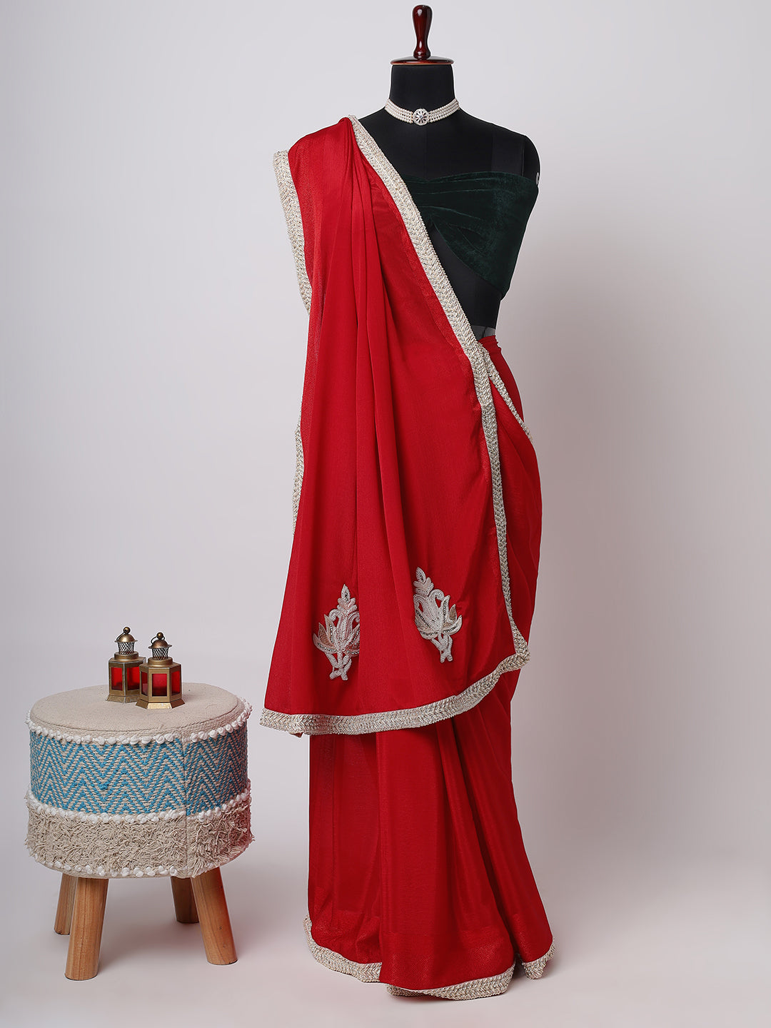 Classic Red Saree with Silver Embroidered Motifs