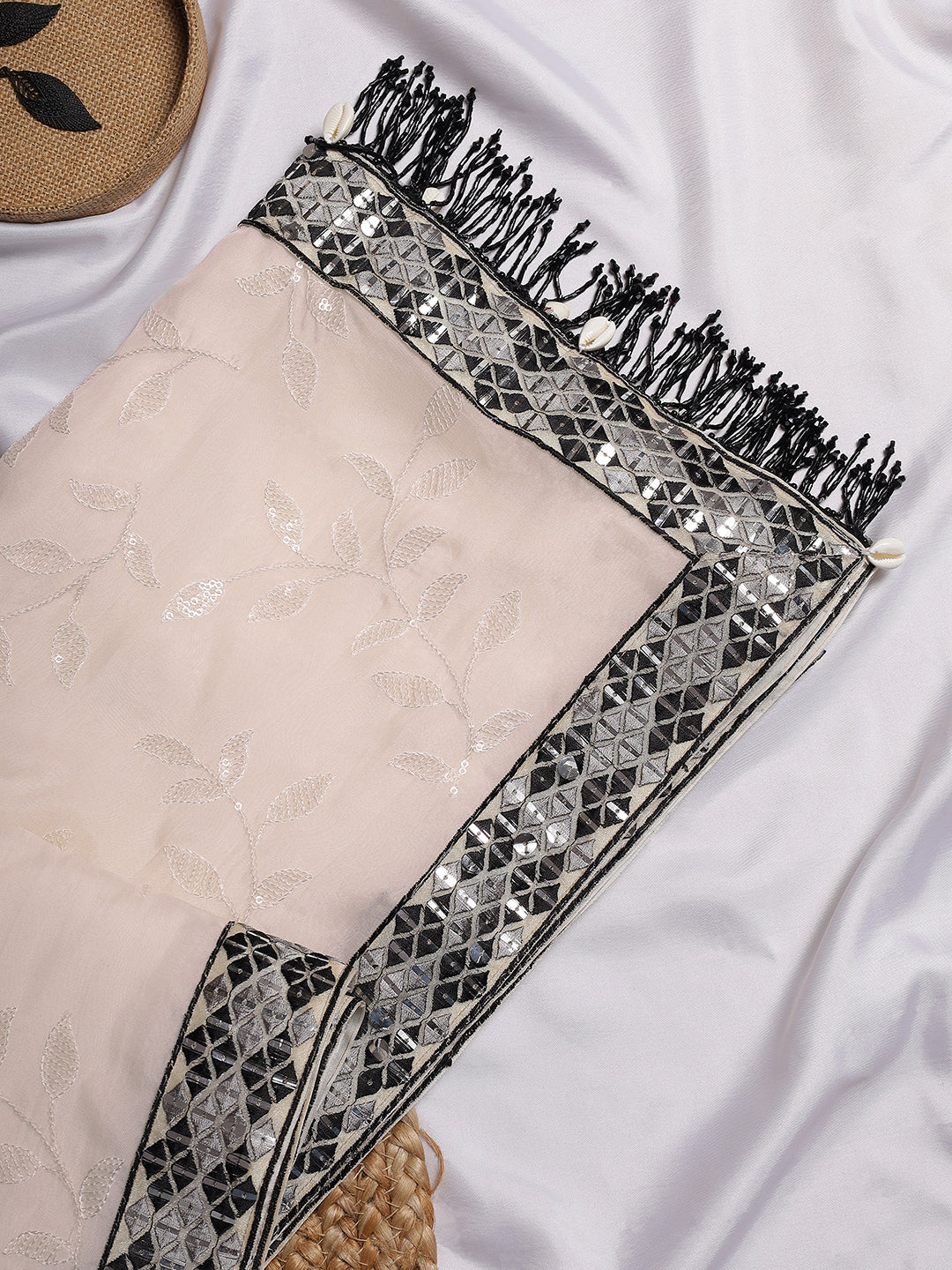 Elegant Pastel Peach Saree with Mirror Work Black Border
